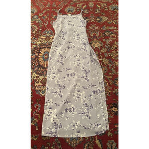 VTG 90s Y2K Strappy Maxi Dress High Slit Purple Floral Crepe Unlined Romantic
